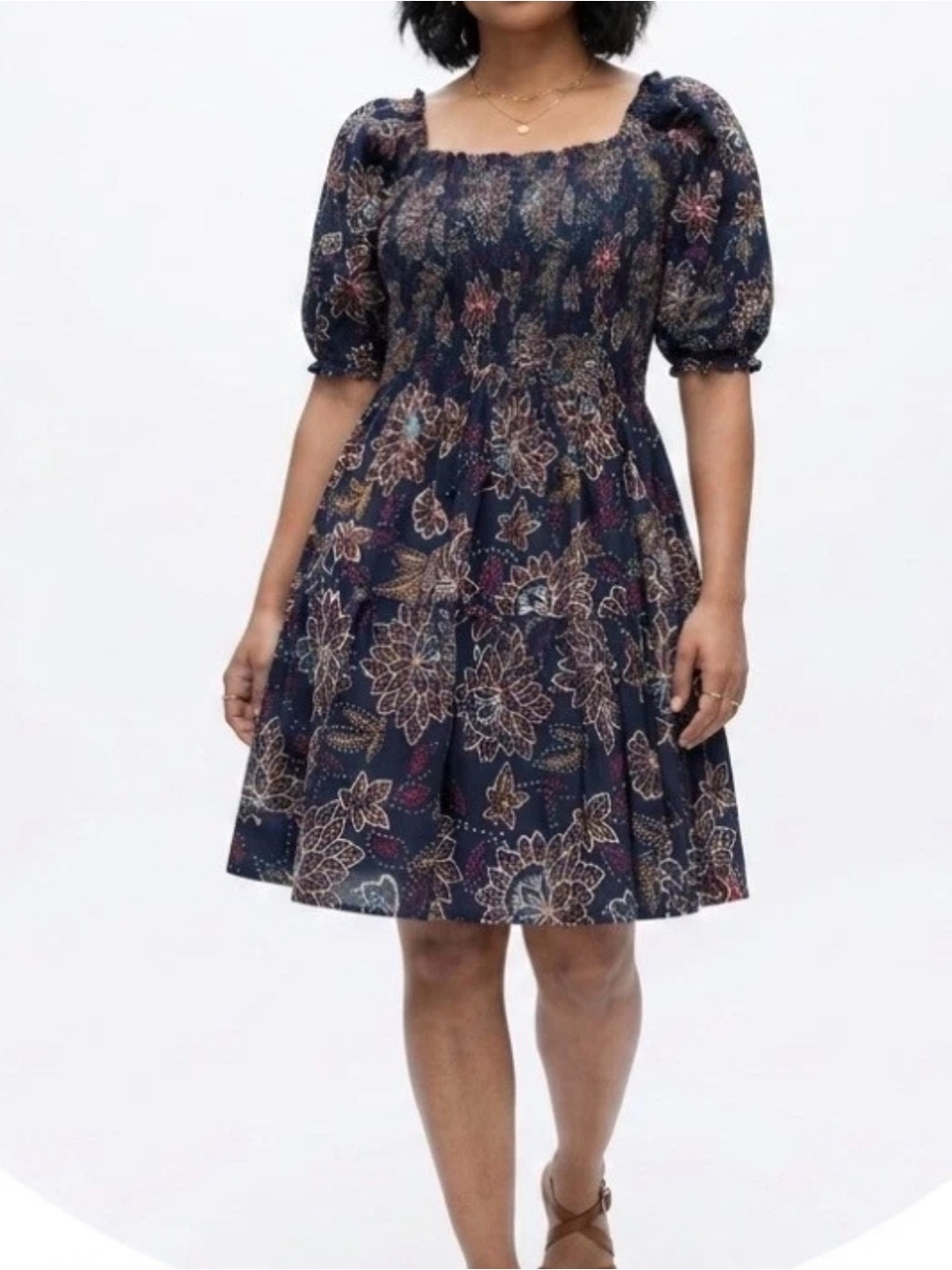 Angie Navy Floral Puff-Sleeve Smocked Mini Dress